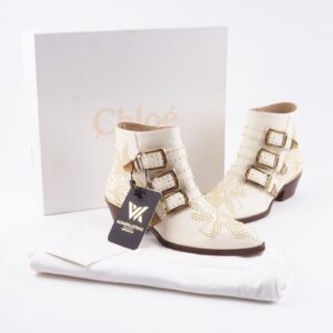 CHLOÉ Susan Stiefelette Boots White / Gold Luxus Designer  Gr.36,5 NP: 1090 €